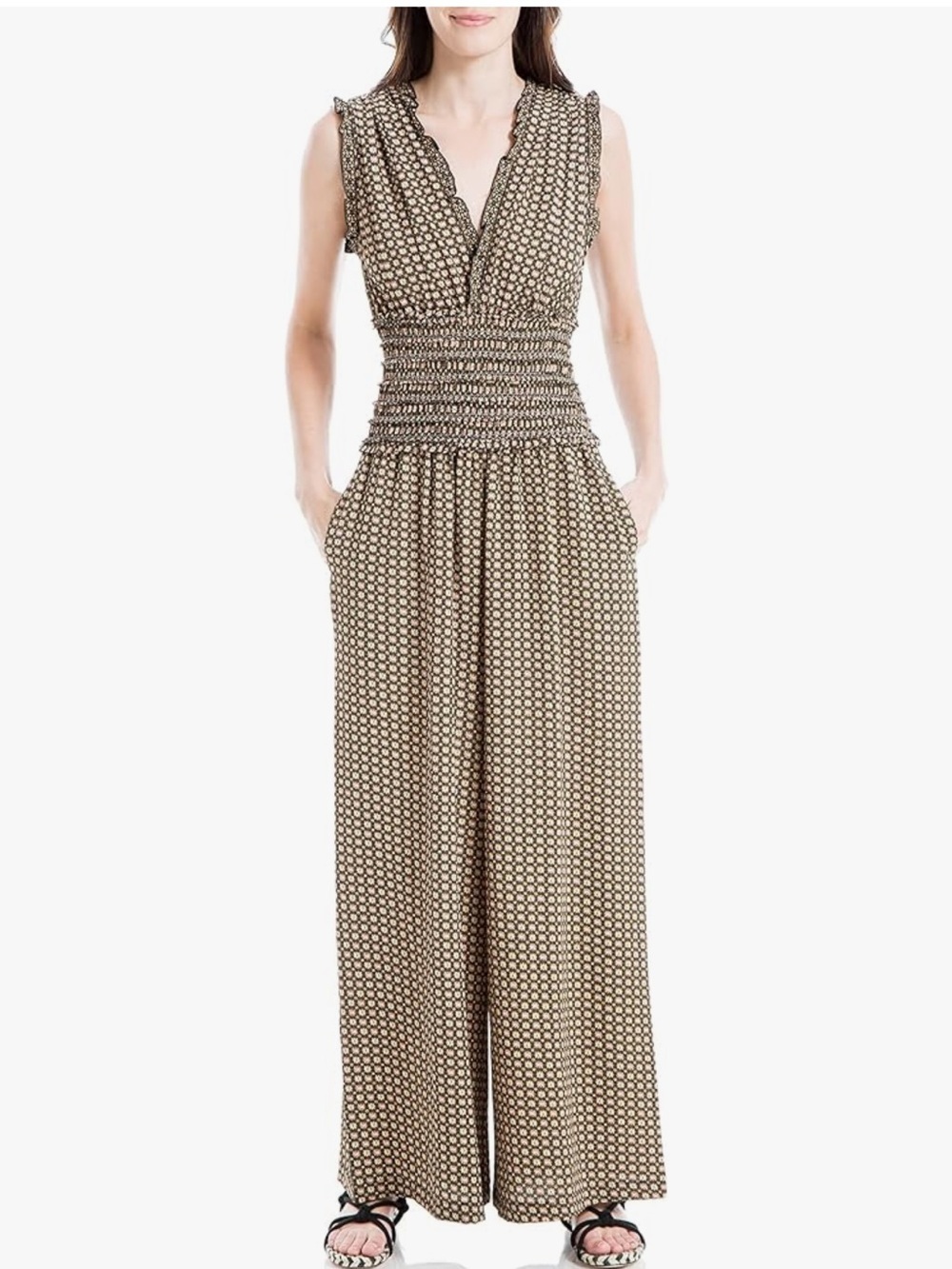 Max Studio SOLD OUT Black and Clay Smocked-Waist V-Neck Jumpsuit